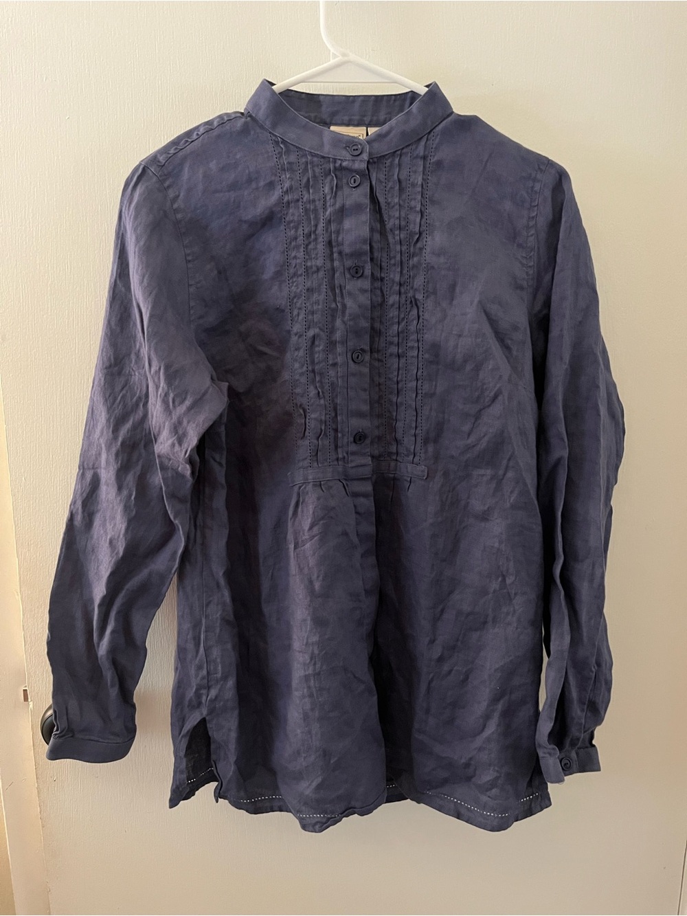 L.L.Bean 100% Linen Popover Shirt Women’s Small Navy Band Collar Pintuck 🦋